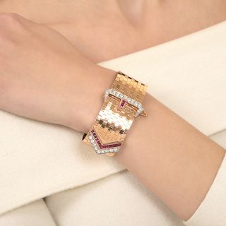 Retro Rose Gold Diamond and Ruby Wide Buckle Bracelet