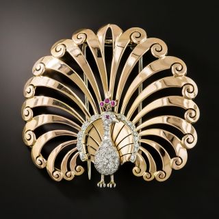 Retro Rose Gold Diamond Peacock Brooch - 2