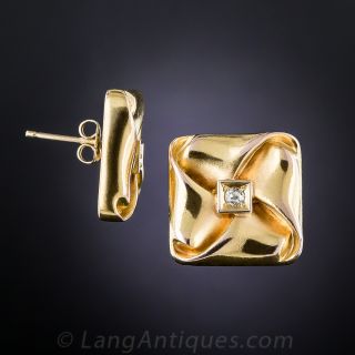 Retro Rosy-Yellow Gold and Diamond Earrings