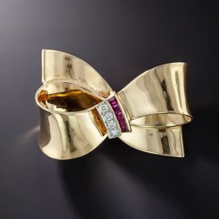 Retro Ruby and Diamond Bow Brooch - 1