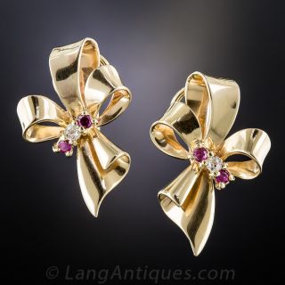 Retro Ruby and Diamond Bow Clip Earrings