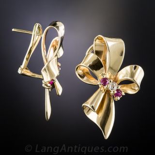 Retro Ruby and Diamond Bow Clip Earrings