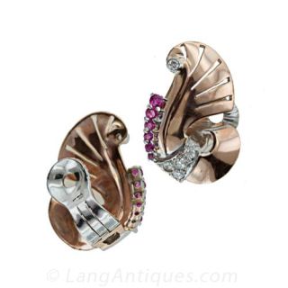 Retro Ruby and Diamond Clip Earrings