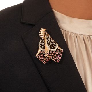 Retro Ruby and Diamond Scarf Brooch