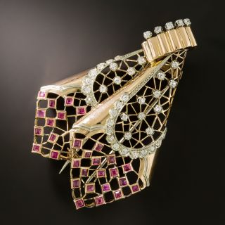 Retro Ruby and Diamond Scarf Brooch - 2
