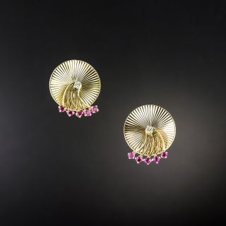 Retro Ruby and Diamond Spinner Earrings - 2