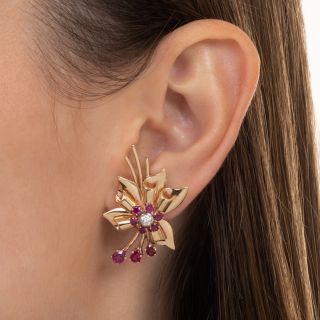 Retro Ruby and Diamond Spray Earrings