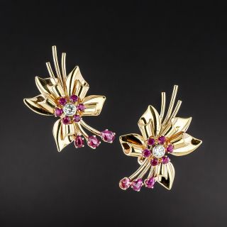 Retro Ruby and Diamond Spray Earrings - 1