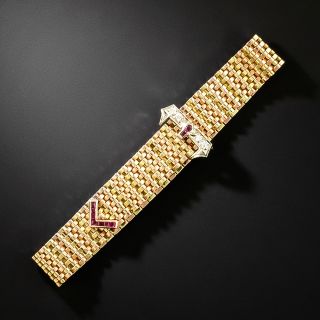 Retro Ruby and Diamond Tricolor Gold Buckle Bracelet - 3