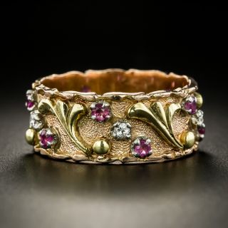 Retro Ruby and Diamond Wedding Band, Size 7 3/4 - 2