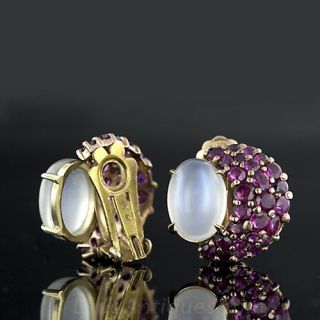Retro Ruby and Moonstone Clip Earrings