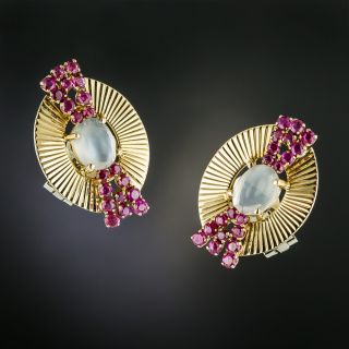 Retro Ruby and Moonstone Earrings - 2