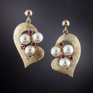 Retro Ruby and Pearl Dangle Earrings - 2