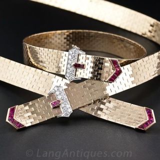 Retro Ruby Diamond Gold Necklace & Bracelet Suite