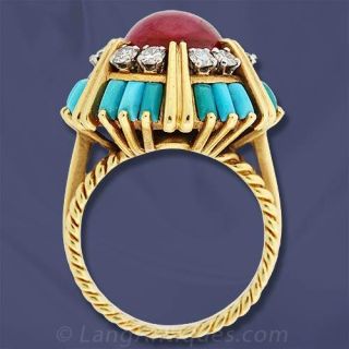 Retro Ruby, Turquoise and Diamond Ladies Ring