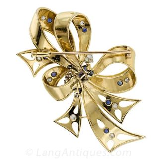 Retro Sapphire and Diamond Bow Pin