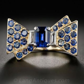 Retro Sapphire and Diamond Bow Ring 
