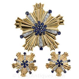 Retro Sapphire and Diamond Brooch and Earrings
