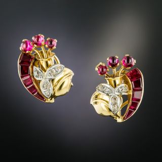 Retro Synthetic Ruby and Diamond Earrings - 2