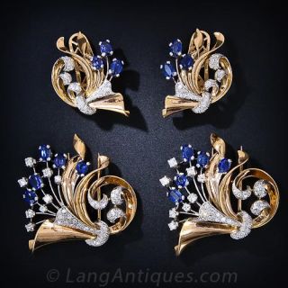 Retro Synthetic Sapphire and Diamond  Earrings and Double Clips Suite