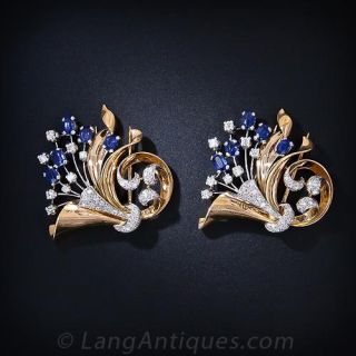 Retro Synthetic Sapphire and Diamond  Earrings and Double Clips Suite