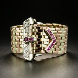 Retro Tri-Color Gold Ruby Diamond Buckle Ring  - 1