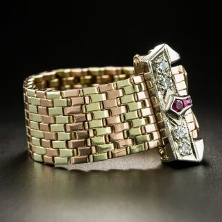 Retro Tri-Color Gold Ruby Diamond Buckle Ring 