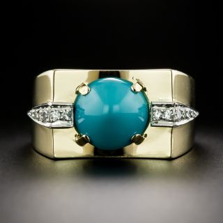 Retro Turquoise and Diamond 18K/Platinum Ring - 3