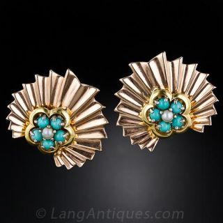 Retro Turquoise and Pearl Fan Earrings - 1
