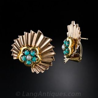 Retro Turquoise and Pearl Fan Earrings