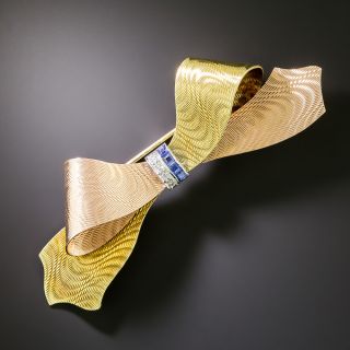 Retro Two-Tone Gold Diamond and Sapphire Bow Pin - 1