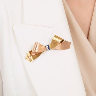 Retro Two-Tone Gold Diamond and Sapphire Bow Pin