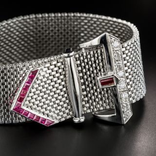 Retro White Gold Diamond Ruby Mesh Buckle Bracelet - 2