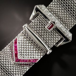 Retro White Gold Diamond Ruby Mesh Buckle Bracelet