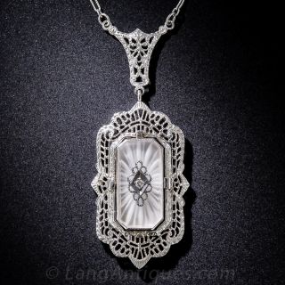 Reversible Art Deco Quartz Crystal, Onyx and Diamond Filigree Pendant