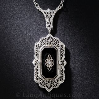 Reversible Art Deco Quartz Crystal, Onyx and Diamond Filigree Pendant