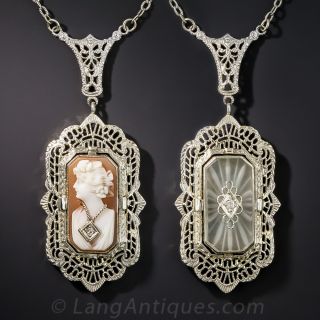 Reversible Quartz Crystal/Cameo Art Deco Pendant Necklace