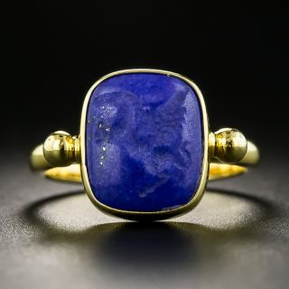 Revival Style 18K Carved Lapis Lazuli Ring   - 2