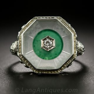 Rock Crystal Quartz, Chrysoprase and Diamond Art Deco Ring