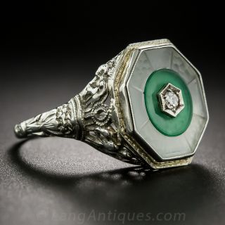 Rock Crystal Quartz, Chrysoprase and Diamond Art Deco Ring