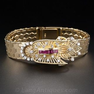 Rolex Retro 18K Diamond and Ruby Bracelet Watch