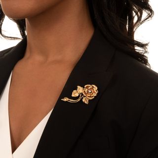 Estate Long Stem Rose Brooch with Diamond