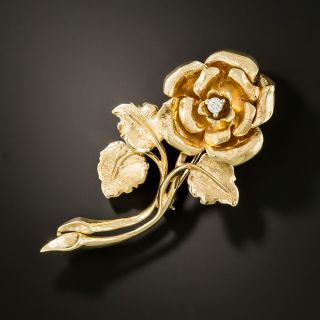 Estate Long Stem Rose Brooch with Diamond - 2