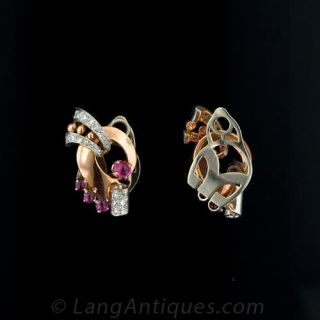 Rose Gold, Cabochon Ruby and Diamond Retro Earrings