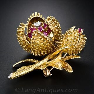 Ruby and Diamond Blossoming Chestnut Flower Brooch - 1