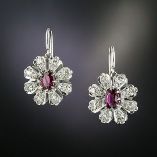 Ruby and Diamond Flower Earrings - 2