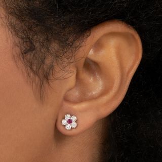 Ruby and Diamond Flower Stud Earrings