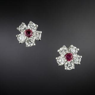 Ruby and Diamond Flower Stud Earrings - 2