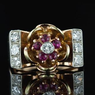 Ruby and Diamond Retro Flower Ring Main View