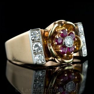 Ruby and Diamond Retro Flower Ring